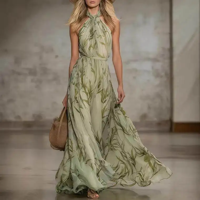 

Elegant Leaf Print Off-Shoulder Neckline Sleeveless Long Skirt Chiffon Material High Waist Design for Women's Fashion