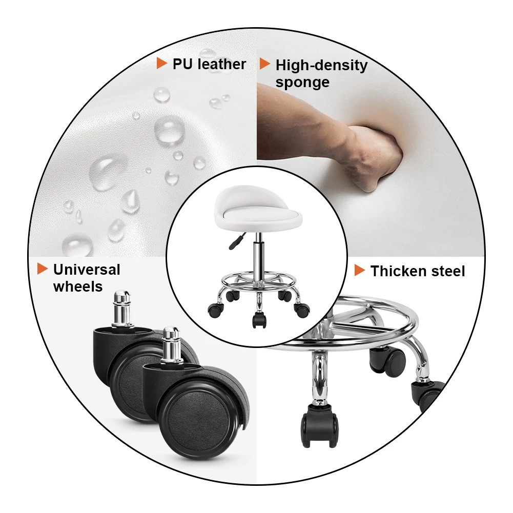 KKTONER-Tabouret Roulant Rond en Cuir PU avec 250-500 aux Pieds, Chaise de Travail à Roulettes, à Comcussion Réglable, à Proximité, pour SPA et Travail