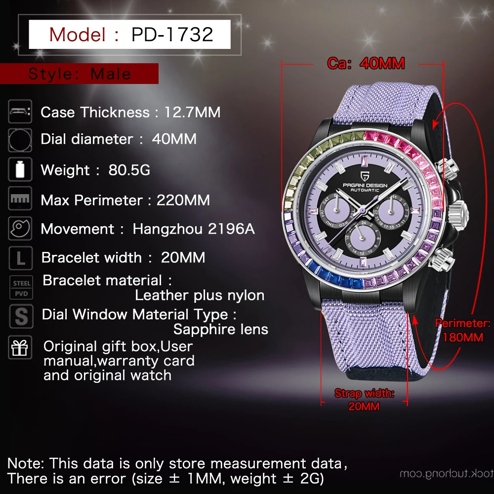 PAGANI DESIGN 40MM Men's Rainbow Bezel Chronograph Watch Luxury Automatic Mechanical Sapphire Crystal Stainless Steel Waterproof