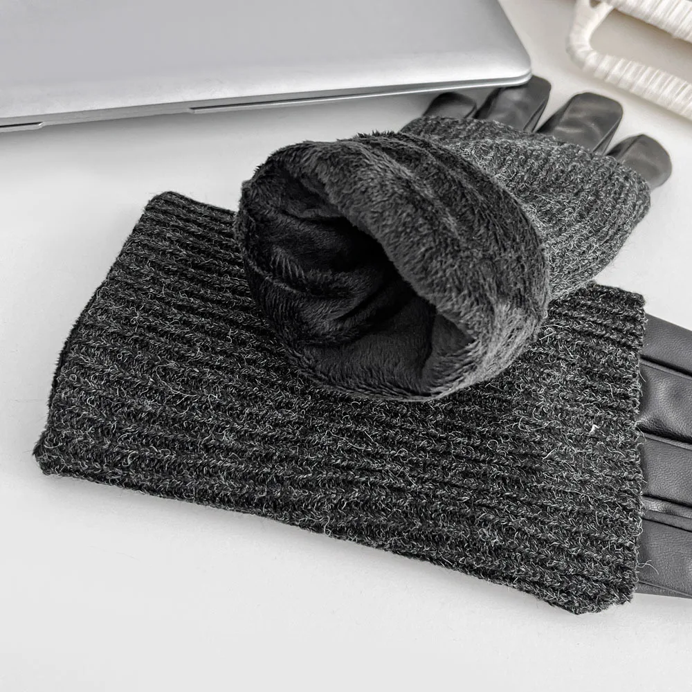 Rękawiczki ze skóry PU, damskie, z aksamitną podszewką, haftowane wzorem w romby, dwufunkcyjne, modne i ciepłe rękawiczki zimowe.