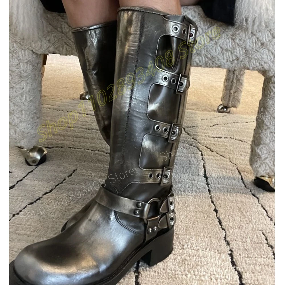 Sliver Round Toe Buckle Belts Mid Calf Boots Flat-with Matte Leather Knight Cowboy Fashion Sexy Women Shoes 2024 New Para Mujere