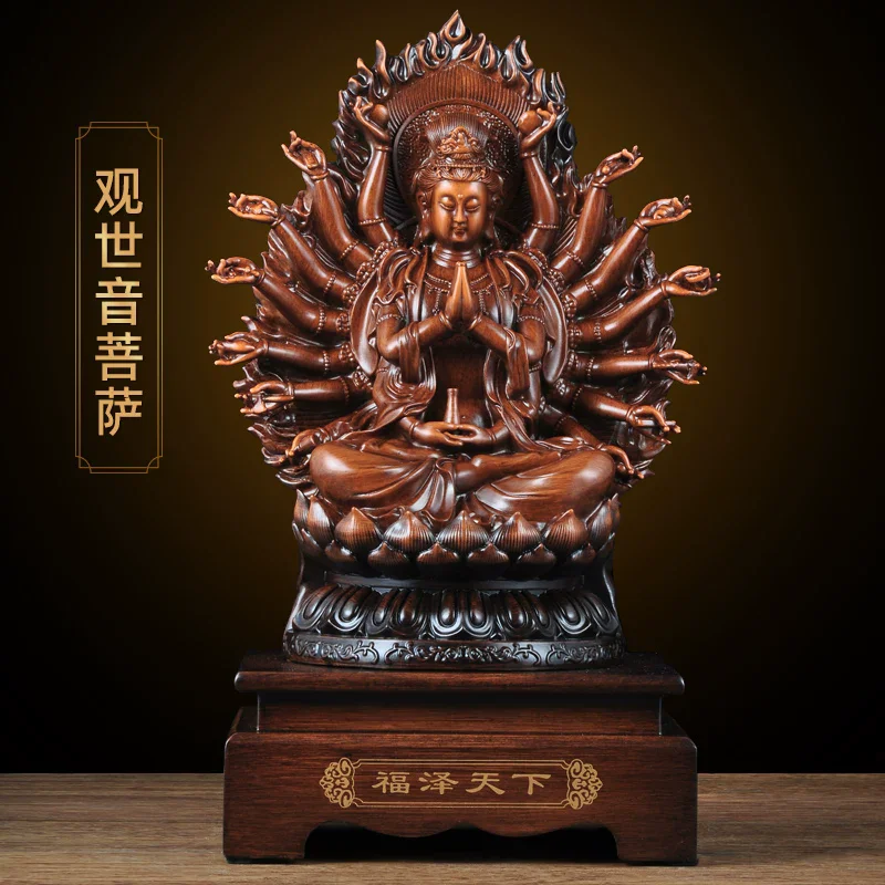 Thousand-Armed Kannon Lotus Statue， Home Buddhist Altar Bodhisattva Decor， Brass Guanyin Figurine for Shrine， Feng Shui Temple B