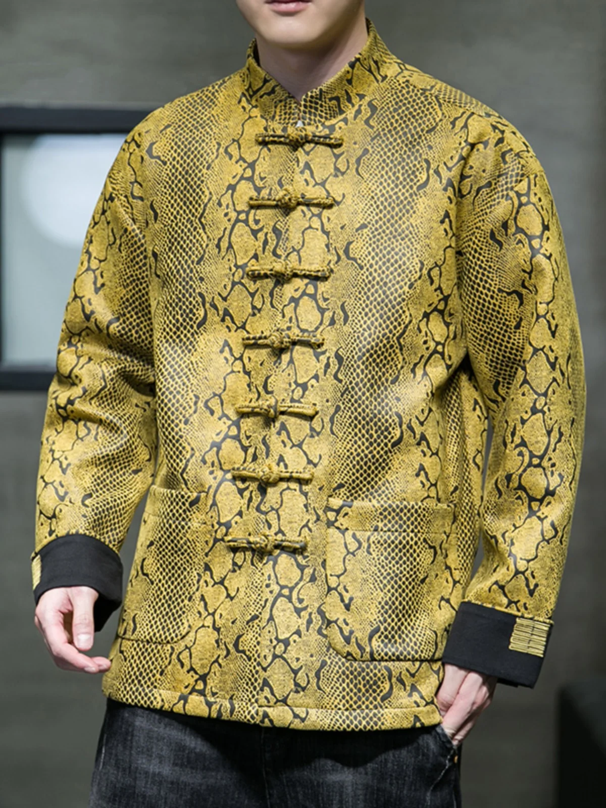 2025 Spring and Autumn New Chinese Style Men's Slim Fit Button Black Pink Yellow Dark Brown Stand Collar Jacket