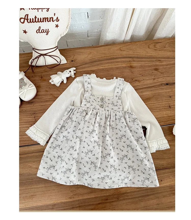 여아 정장 가을 신상 아기 바지 긴팔 상의 여자아이 귀여운 꽃무늬 스트랩 스커트 투피스 세트 A급