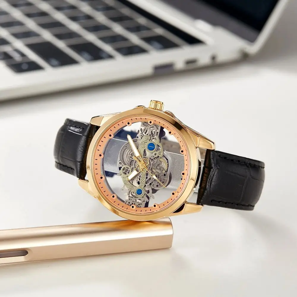 Reloj informal de moda para hombre, reloj de cuarzo con luz nocturna impermeable y transparente hueco, relojes para hombres