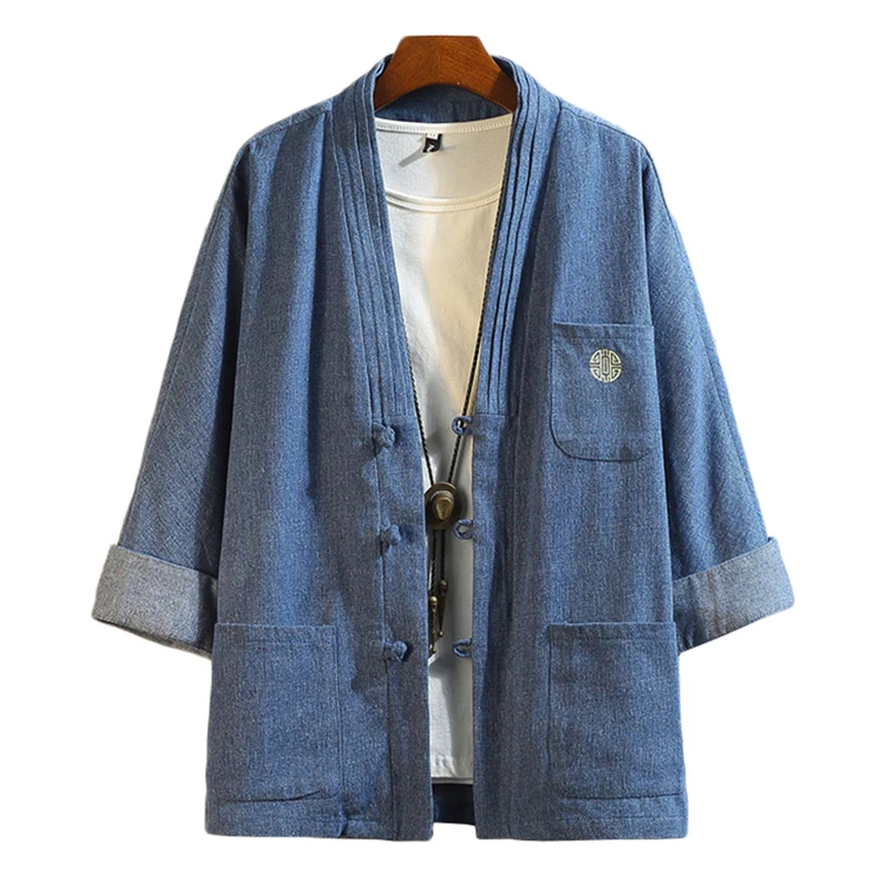 

Frog Closures Men Soft Denim Kimono Jacket Embroidery Chest Pocket Japan Style Three Quarter Sleeve Jean Jacket Stand Collar