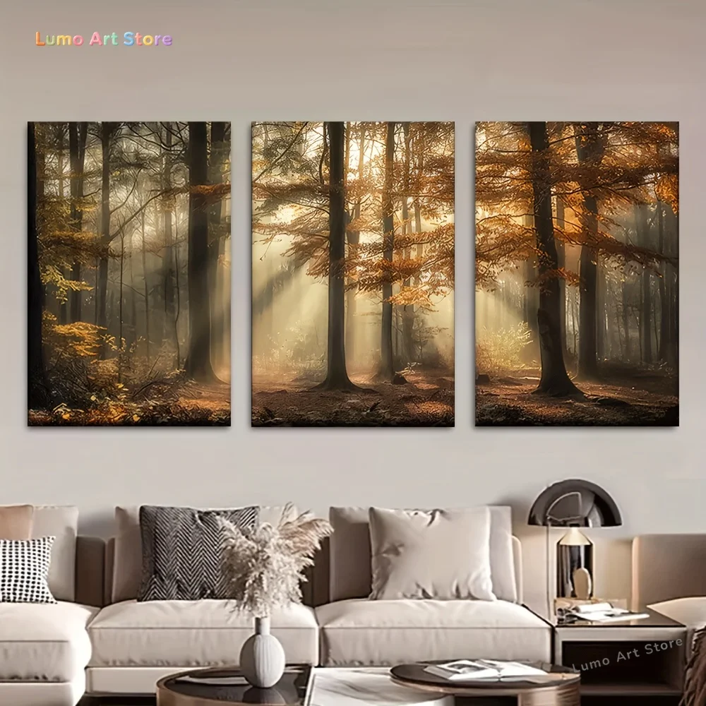 2D Flat, 2D Flat 3pcs Canvas Art - Frameless, Serene Autumn Misty Forest, Wall Decor for Bedroom, Living Room, Library, Offic