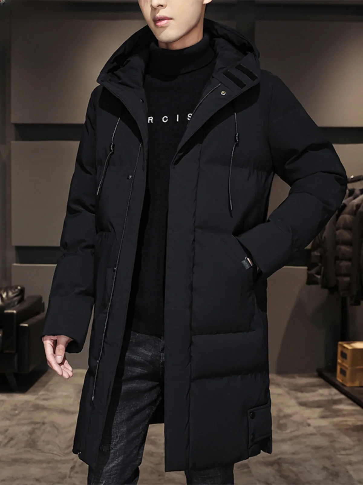 

Paul Men's Mid-Length down Cotton Jaet Thiened Winter Coat Warm plus Size Hooded Busin Sle Faion Urban Wear