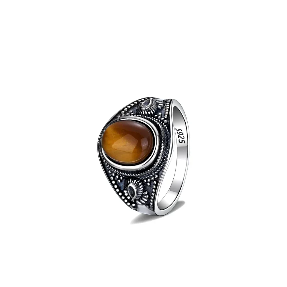 Anillo Vintage de Plata de Ley 925 para hombre y mujer, sortija ovalada de 8x10MM con piedra de ojo de tigre Natural, joyería de Rodocrosita de lujo