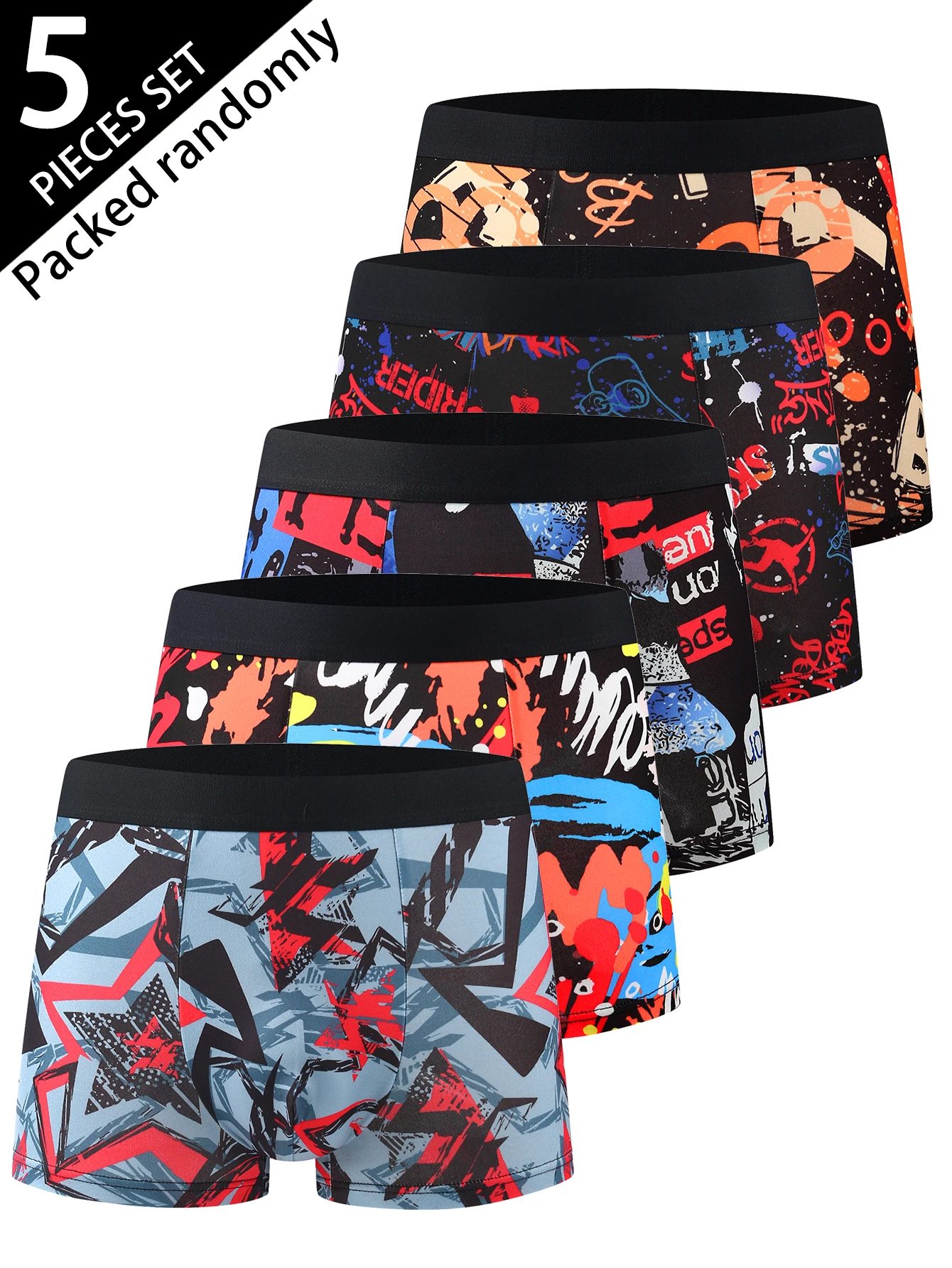 

Men's boxing shorts 5 pieces set; random graffiti cartoon print; trend Christmas pattern; comfortable boxing shorts.