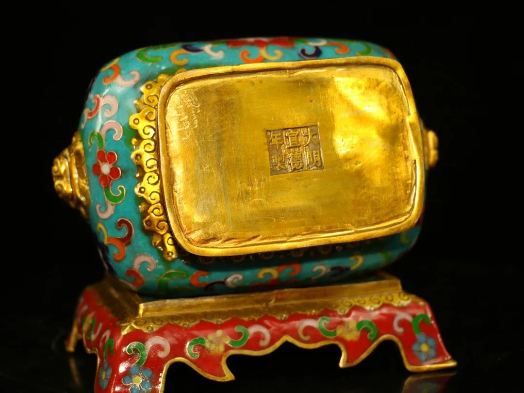 

10"Old Xizang Folk Collection Old Bronze Cloisonne Enamel Lion Animal Head Ear incense burner Worship Hall Town house