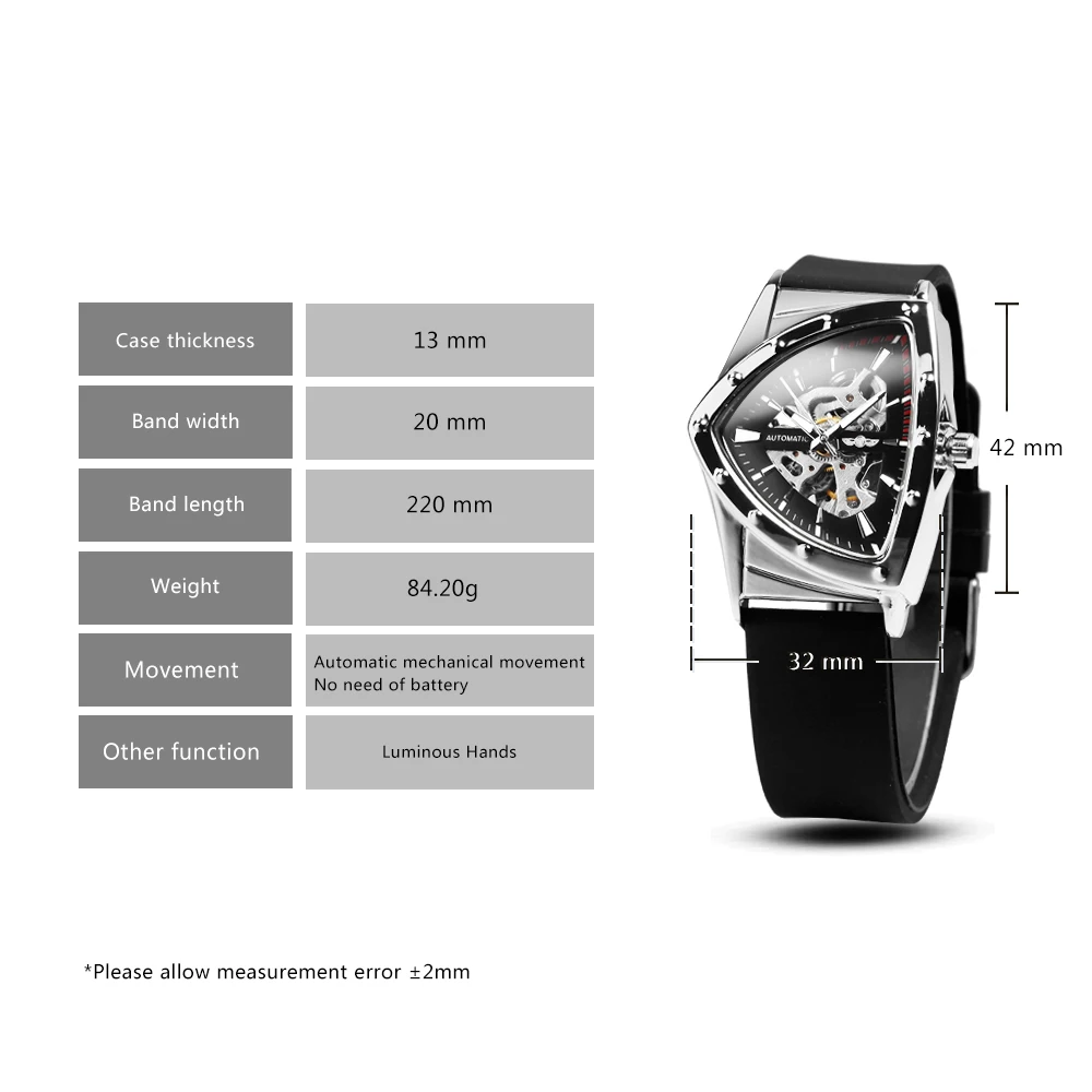 WINNER Sports Triangle Skeleton Automatic Watch for Men Luxury Brand Rubber Strap Luminous Hands Military Mechanical Watches New