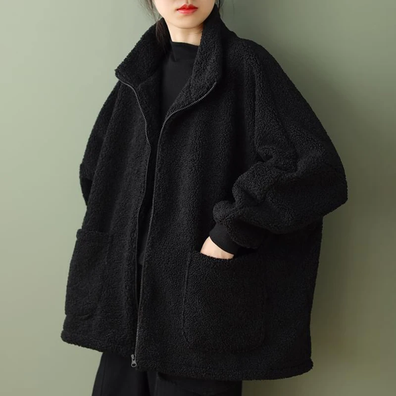 

Korean Sle Lamb Velvet Sweatirt Cardigan Women's Loose Thiened Warm Outerwear Spring Autumn Winter Seasonal Faion