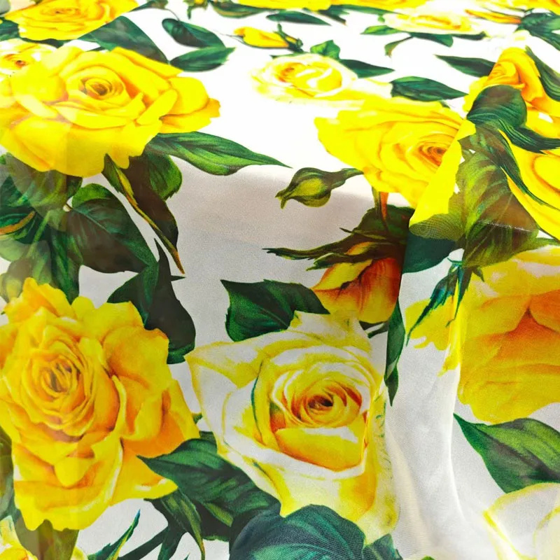 2024 Europe and America Yellow Rose Flower  Printed Cotton Or Chiffon Fabric For Women Summer Dress Blouse DIY Cloth Sewing