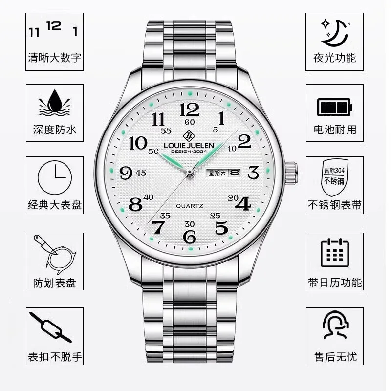 LOUIE JUELEN 2026 Men's Quartz Watch Large Number Dial Stainless Steel Waterproof Luminous Date Week Casual Business Wristwatch