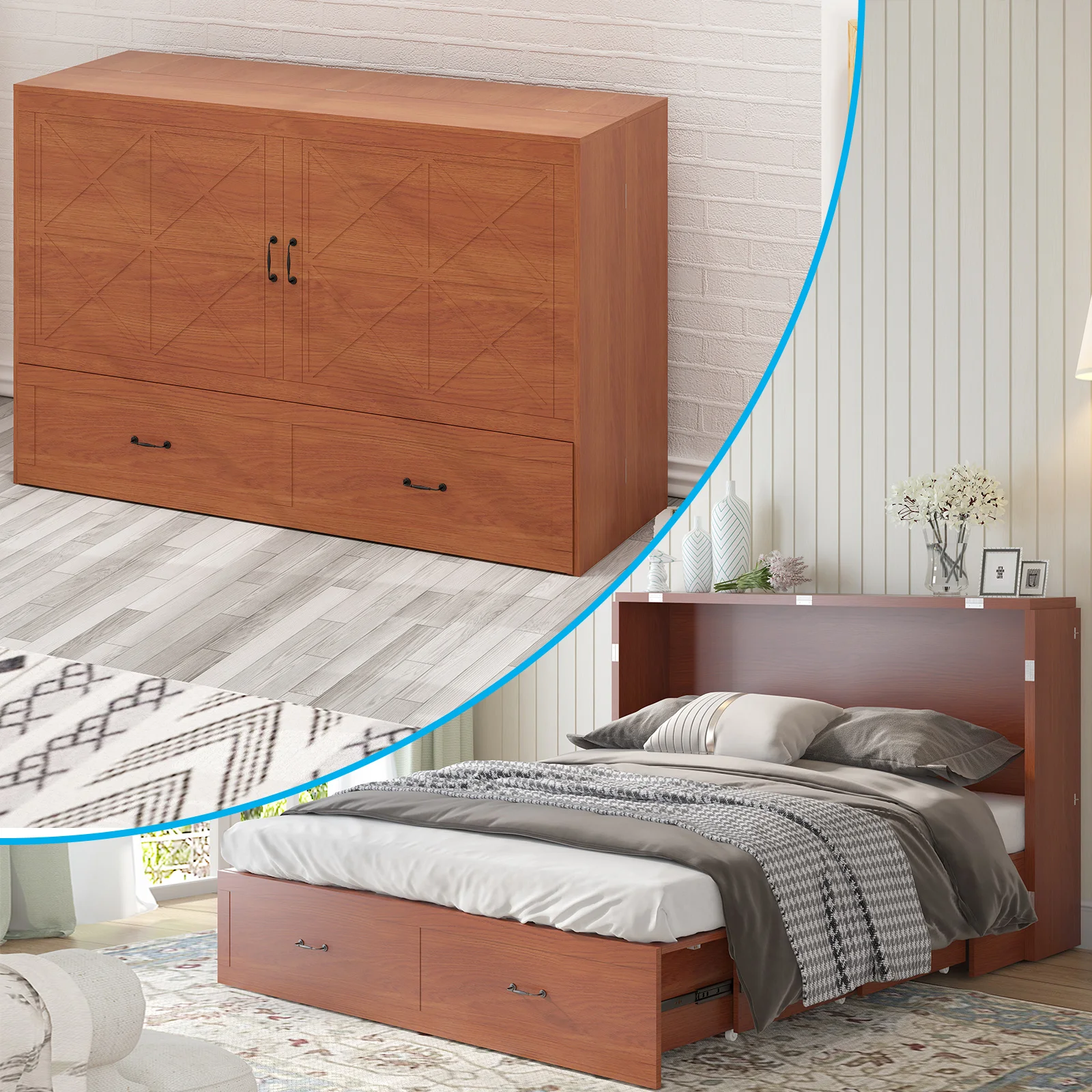 

Murphy Bed Cabinet with USB Ports and 2 Storage Drawers, Convertible Folding Horizontal Murphy Bed with 5'' Mattress