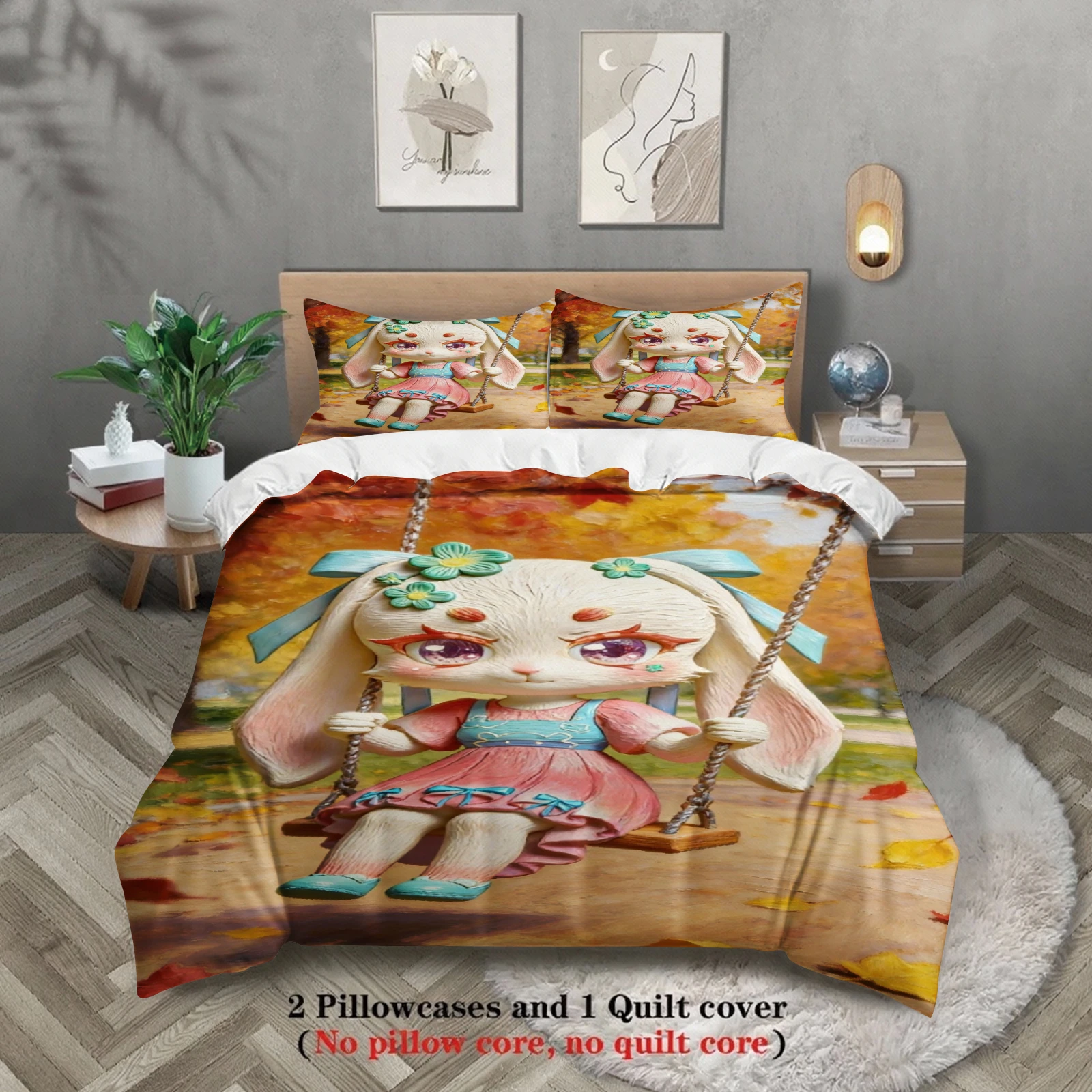 Softville Cozy Town 3PCS Bedding Sets Lop Rabbit Swinging On A Rope Swing Pinted Duvet Cover No filling Cartoon Style Queen Size