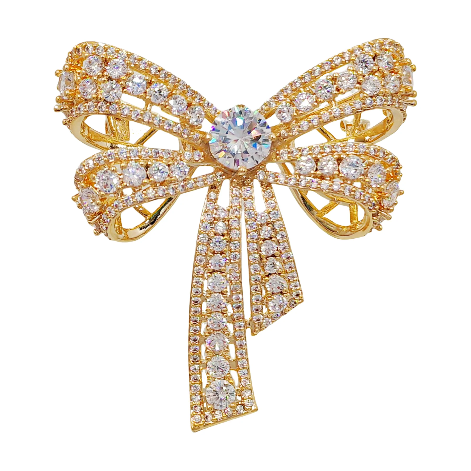

Luxury CZ Studded Bow Brooch Pin, Gold-Plated, Sparkling Jewelry