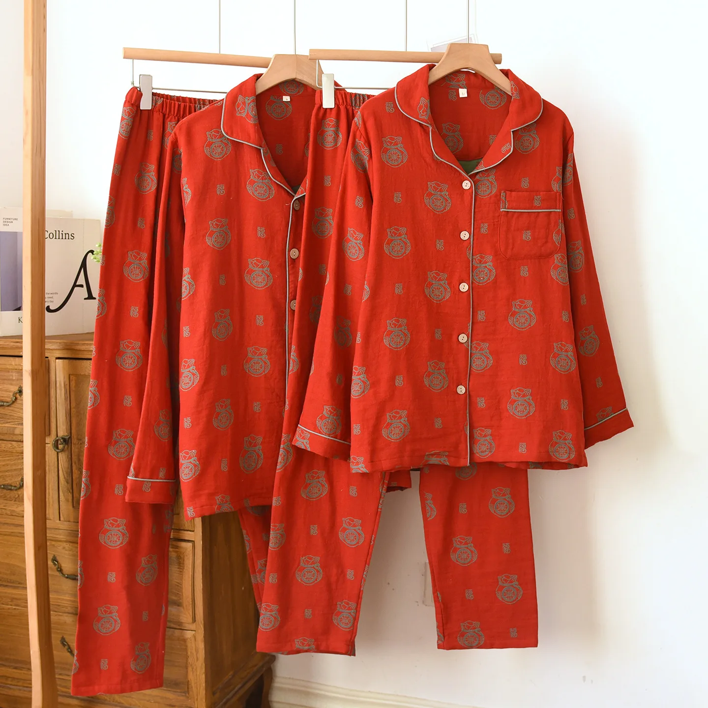 Couple Long Sleeve Casual Print Cotton Pajama Sets for Men Spring Autumn Loose Sleepwear Pyjama Women Homewear Clothes