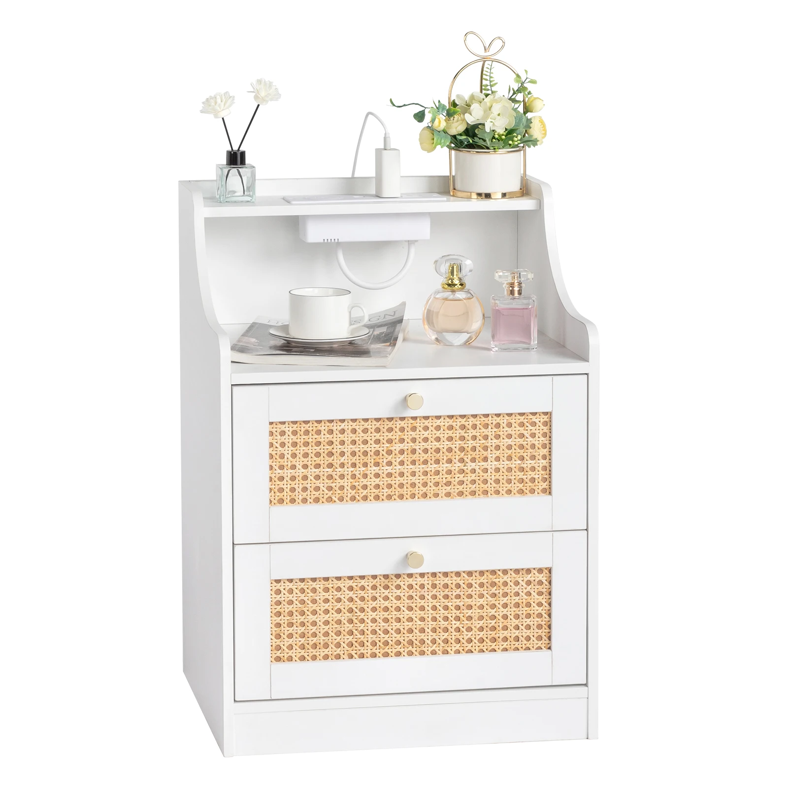 ] white particleboard with triamine matt gold tapered handle  rattan two drawers with compartments bedside table 1