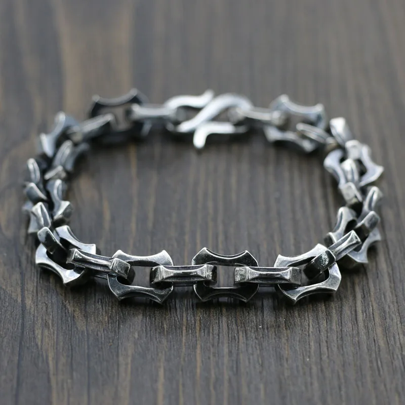 Punk style S925 pure silver retro distressed heavy feeling buckle and keel bracelet, domineering Thai silver men's silver chain