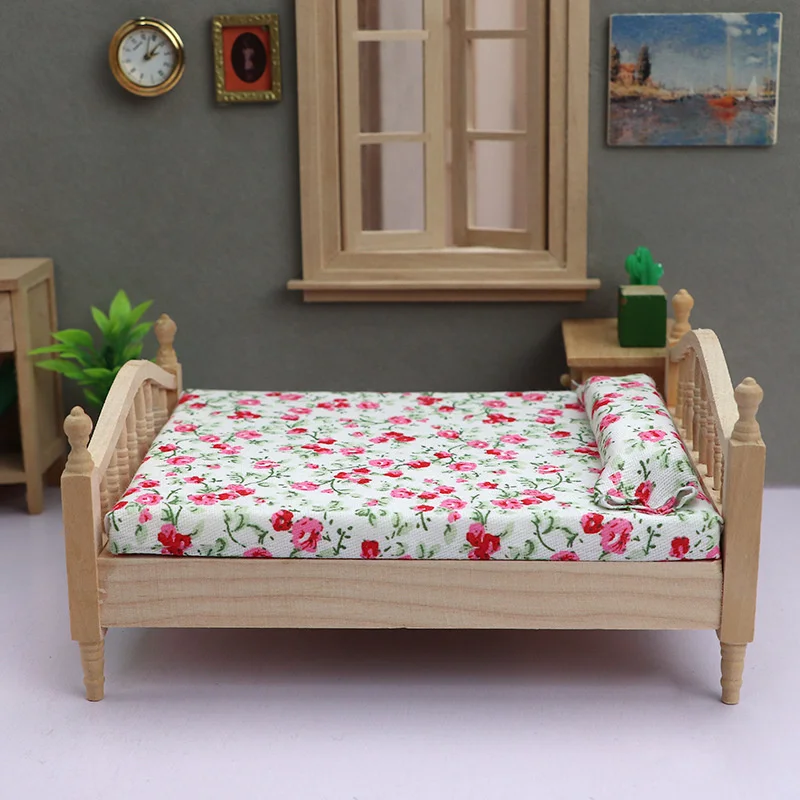 Casa de muñecas en miniatura, cama de flores rota, juguete, Mini muebles para dormitorio, casa de muñecas DIY, accesorios de decoración de cama doble, 1/12