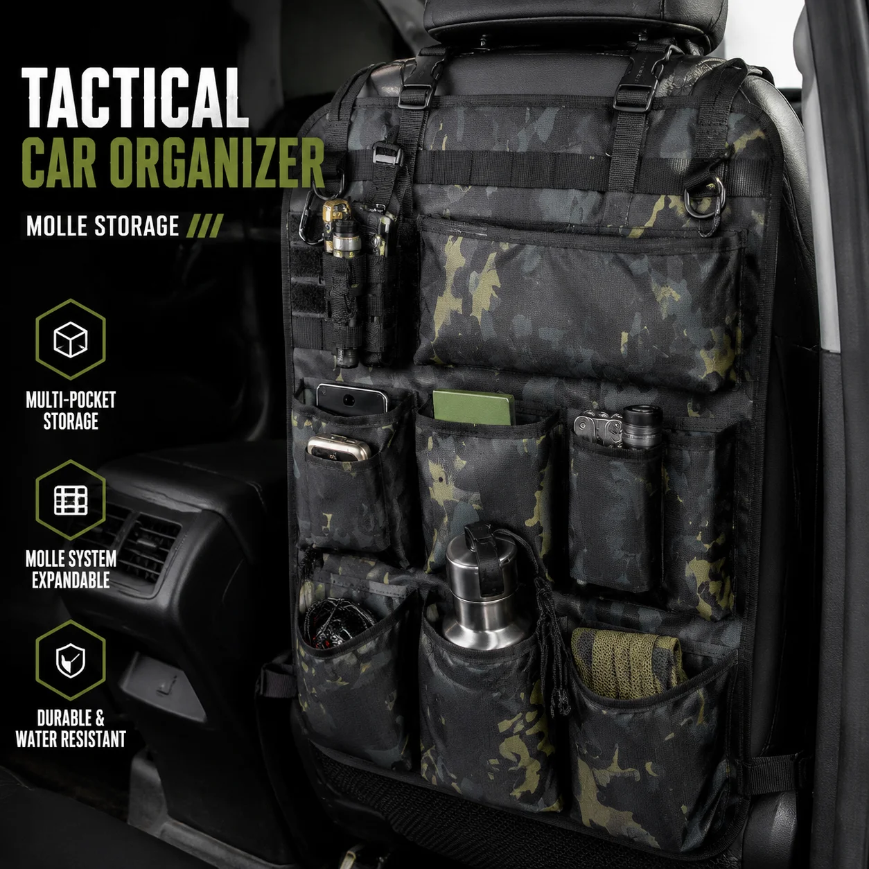 Tactical Car Seat Back Organizer MOLLE Storage Bag, Vehicle Rear Seat Hanging Organizer, Multi Pocket Camping Gear Storage Pouch