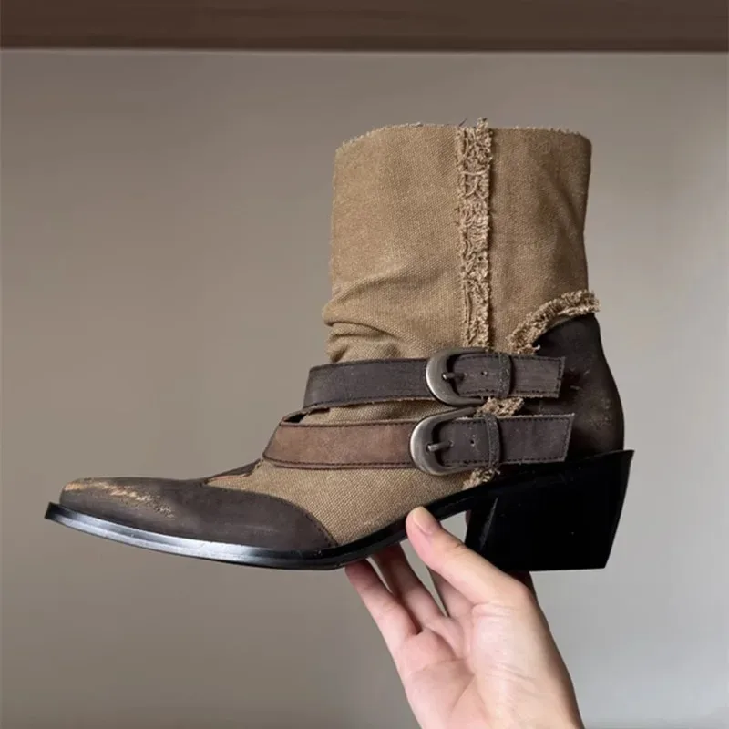 Retro Canvas Leather Patchwork Heel Ankle Boots Women Fashion Metal Buckle Detail Western Boots Street Style Motorcycle Boots