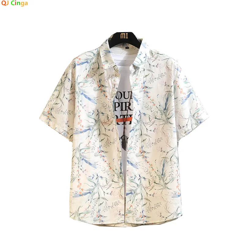 Summer Men's Short-sleeve White Printed Shirt, a Stylish and Casual Cotton Shirts, Available in Blue, Green, and Orange.