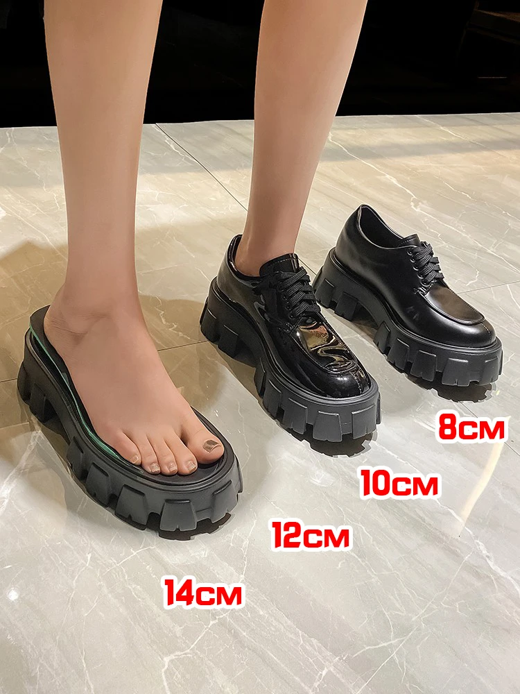 8-14cm Women Platform Shoes Height Increasing Loafers Super Quality Real leather Elevator Shoes Ladies Chunky Loafers Black
