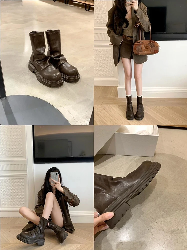 Vintage PLeated Women Ankle Boots Casaul Height Increase Slim Short Booties Shoes Botas De Inverno Feminina