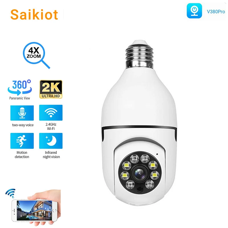 Saikiot 2MP 4MP V380Pro Bulb Light Camera WIFI Bulb Camera 360 E27 CCTV Security Ceiling Mount AC Power Security PTZ Bulb Camera