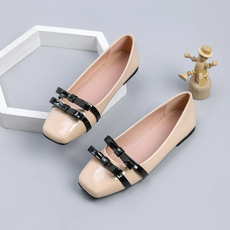 Women's  Leather Square Toe Ballet Flats with Double Bow Slip On Casual Dress Shoes
