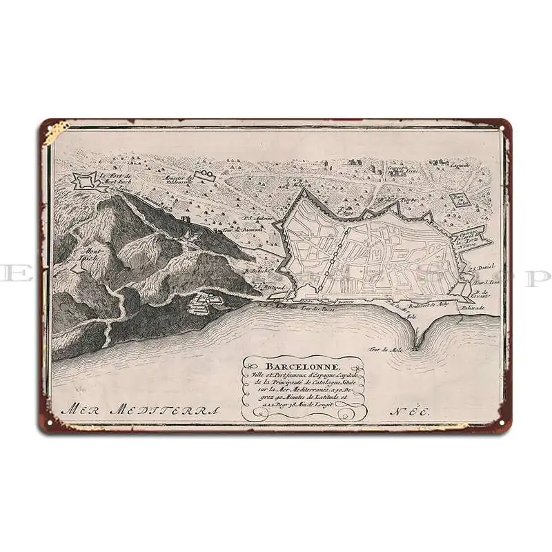Винтажная карта Барселона 1696, металлическая табличка, плакат, декоративные таблички, персонализированный настенный декор, жестяная вывеска, плакат