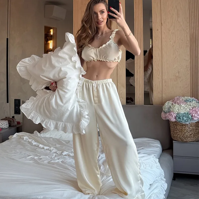 

Spring Summer Satin Pants 2 Pcs Set For Women French Casual Fashion Ruffled Suspender Top Wide Leg Trousers Loungewear Sets
