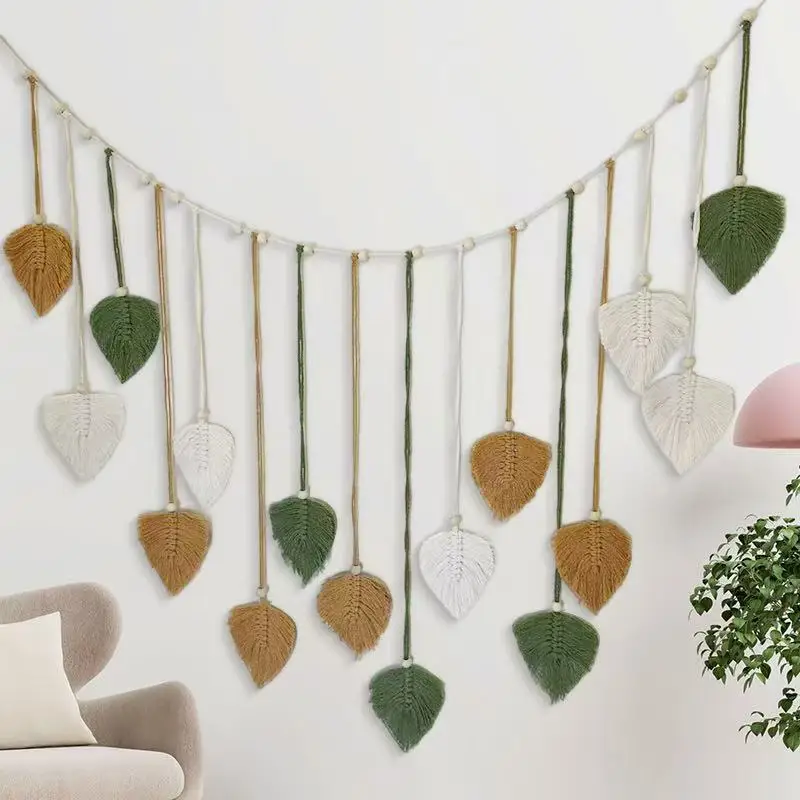 INS Decor Bohemian Decorative Hand-Woven Leaf Tapestry with Wooden Beads and Leaves, Children's Photo Wall Hanging with Tassels