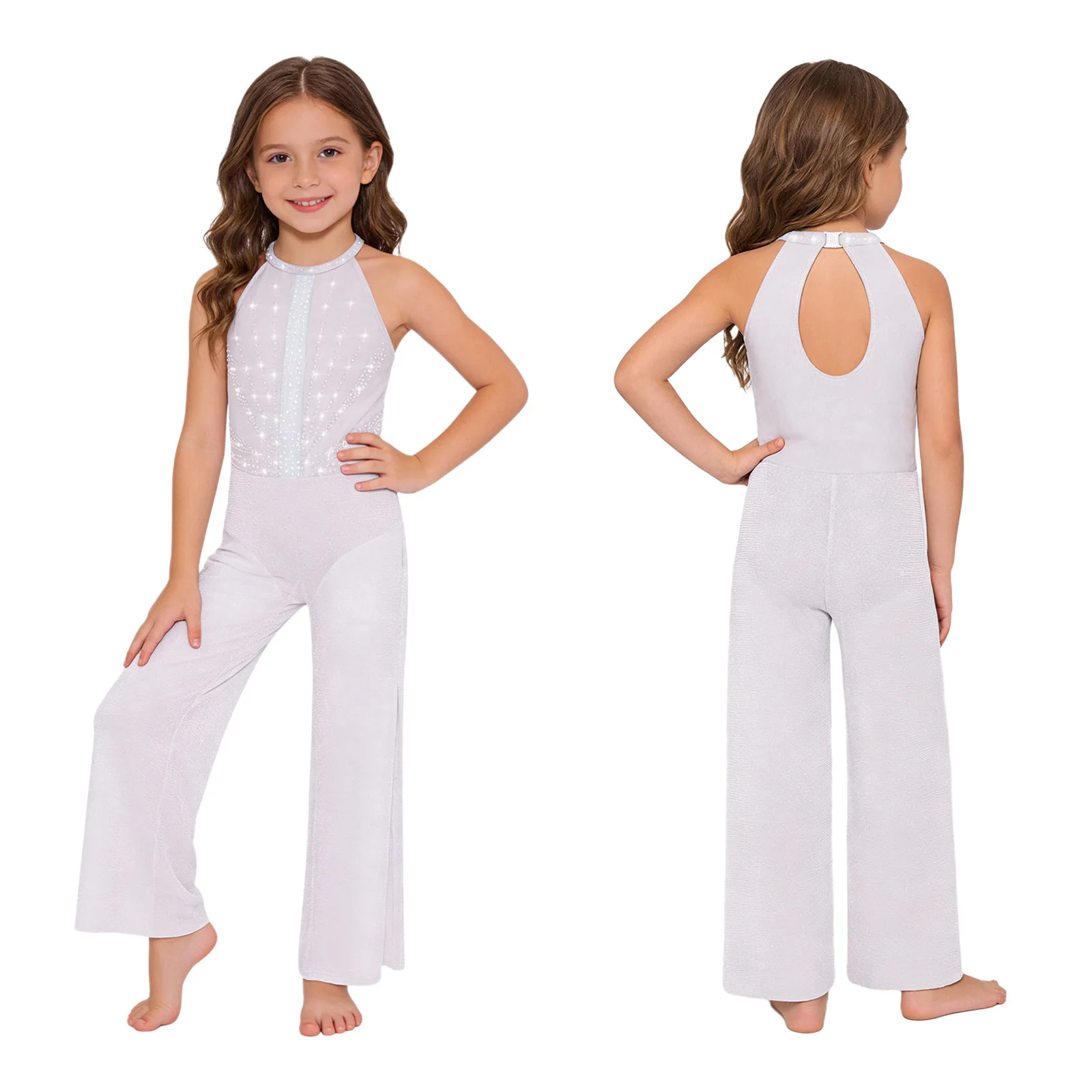 Kinderen Meisjes Moderne Lyrische Dans Jumpsuit Glanzende Strass Mesh Split Wijde Pijpen Bodysuit Ballet Gymnastiek Schaatsen Kostuum