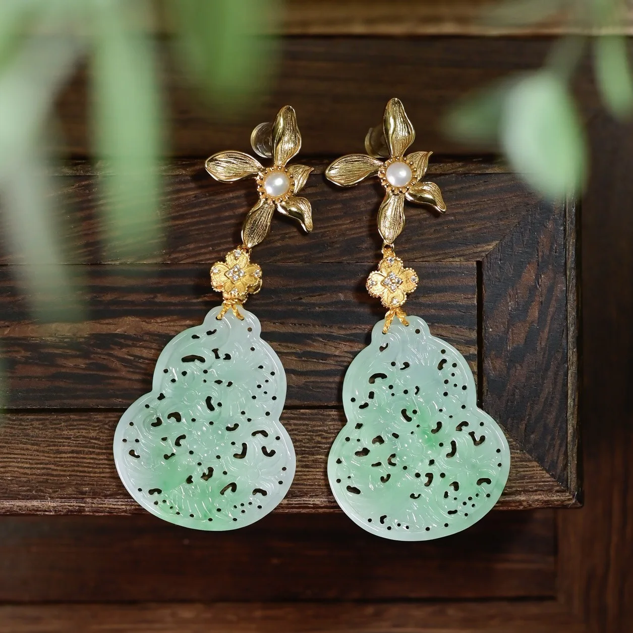S925 Sterling Silver Gold Plated Natural A Grade Hollow Jade Gourd Earrings Chinese Orchid Pearl Long Drop Jewelry