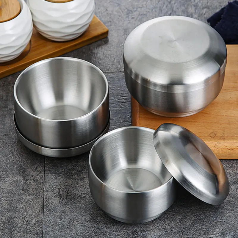 304 Stainless Steel Rice Soup Bowl With Lid Double Layer Steamed Rice Cuisine Kimchi Ramen Bowls Kitchen Tableware Food Containe