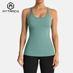 Attraco-Camisola con espalda cruzada para mujer, ropa deportiva básica transpirable con cuello en U, sujetador con estante incorporado suave y sólido, camisetas sin mangas para correr