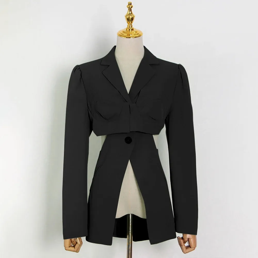 VGH Hollow Out Patchwork Button Solid Tunic Blazer For Women Notched Collar Long Sleeve Temperament Slimming Blazers Female New