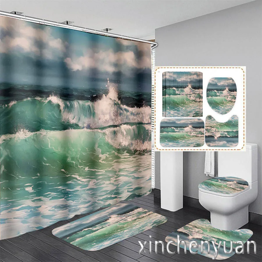 Ocean Wave Art 3D Printing Waterproof Bathroom Shower Curtain Toilet Cover Mat Non-Slip Floor Mat Rug (1/3/4Pcs) W19