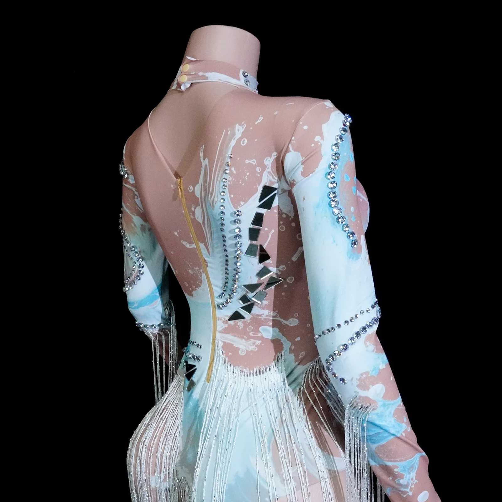 Spark Light Green Mirror Fringes Rhinestones White Bodysuit Leotard Party Dance Singer Nightclub Showgirls Stage Drag Costumes