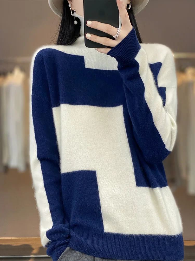 100% Merino Wool Sweater Women\'s High Collar Contrast Pullover Casual Loose Autumn Winter Jacket Fashion Korean Female Clothing