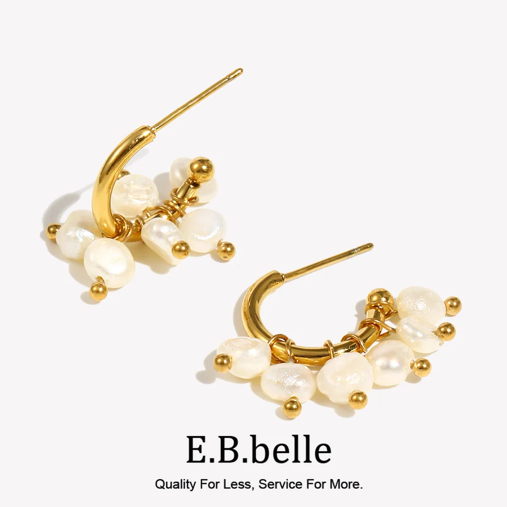 E.B.belle Pendientes de aro de perlas de agua dulce pequeños y delicados súper elegantes Mini pendiente de perlas de oro de acero inoxidable chapado en oro de 18 quilates