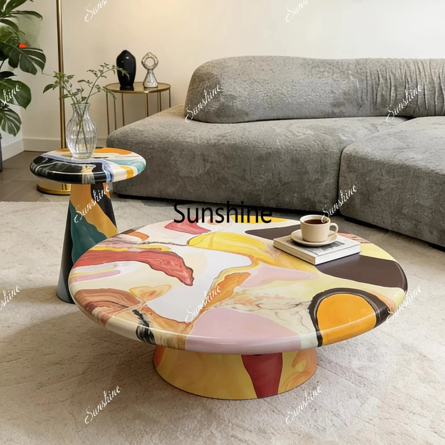

Colorful abstract creative art round table living room sofa corner table combination