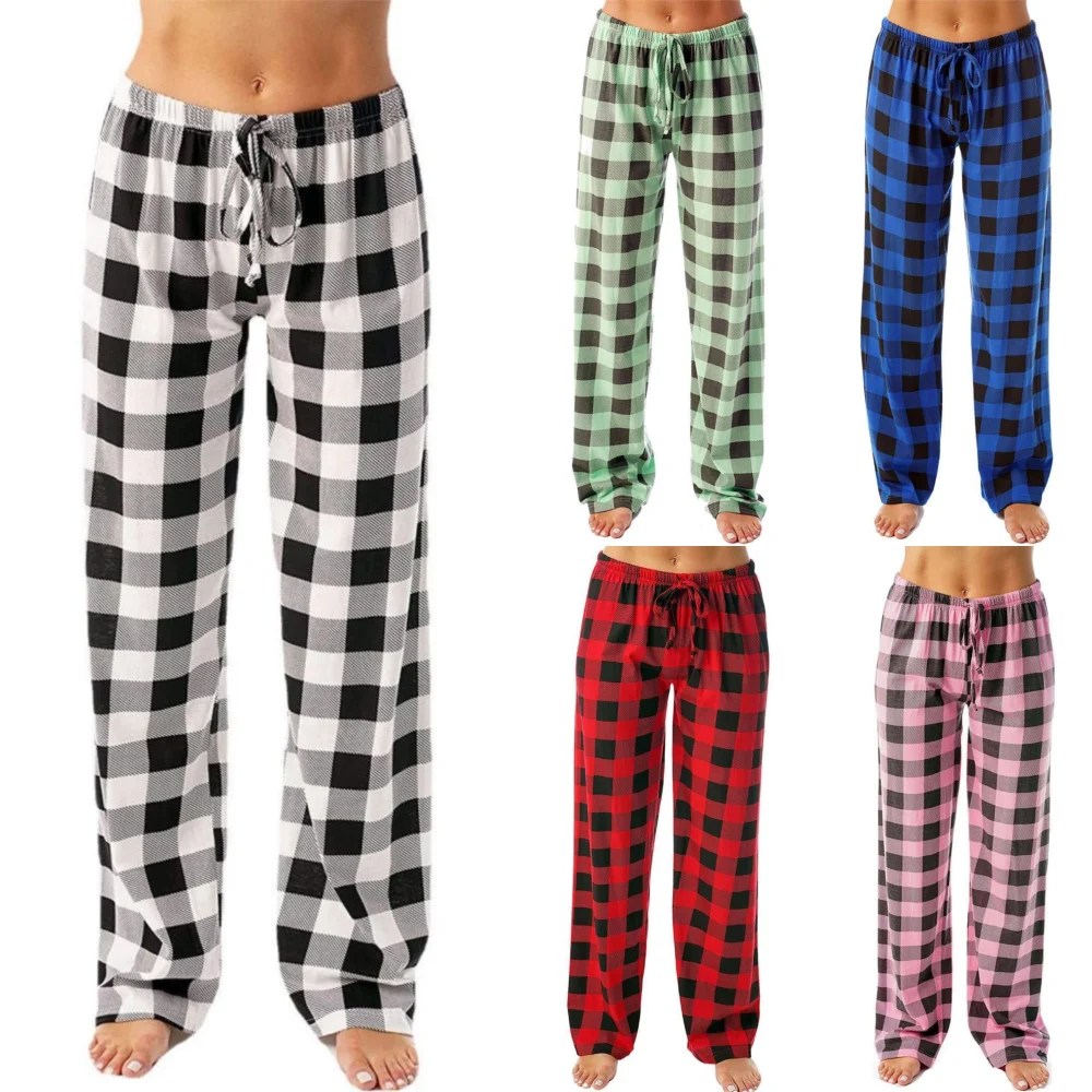 Pantalones de pijama sueltos de algodón a cuadros para mujer, pantalones de pijama para hombre, ropa de salón para dormir, pantalones elásticos