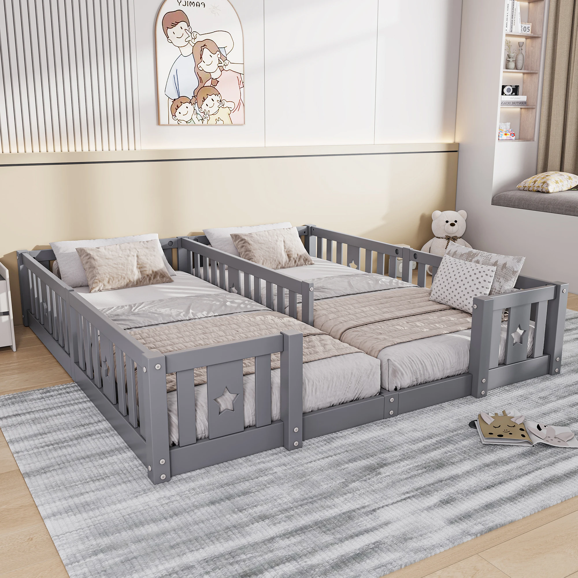 Cama de suelo individual Superaly gris para niños, cama Montessori de 180x200 cm con barandillas de seguridad con recortes de estrellas, cama de plataforma baja doble para niños pequeños y niños, sin listones ni colchón incluidos, cama de suelo de madera para dormitorio, guardería