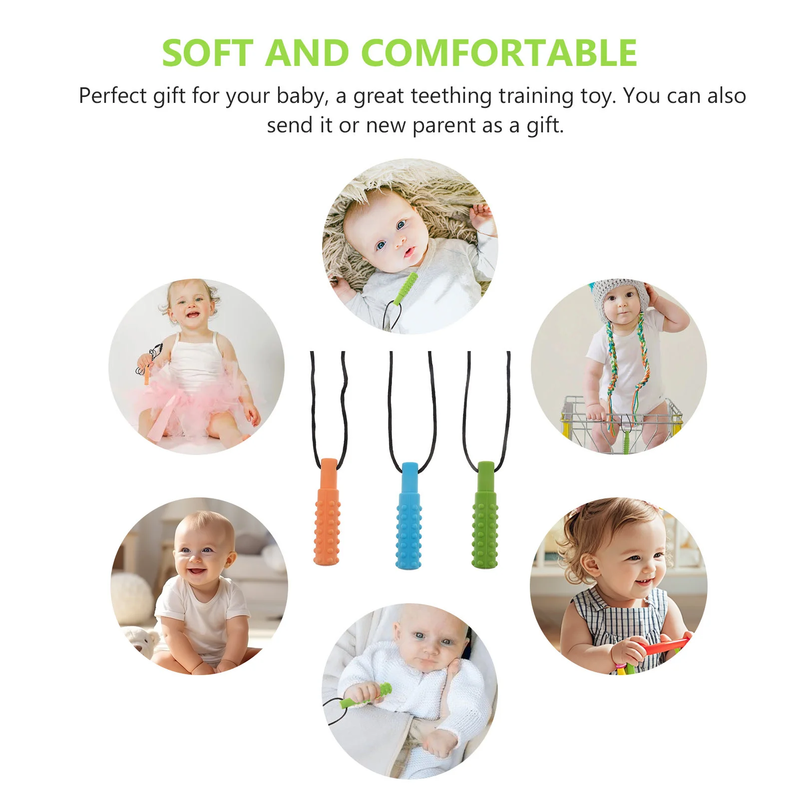 3Pcs Infant Teether Baby Silicone Chewing Necklace Soothing Pain Relief Toddler Gift Baby Teething Toy Toddler Teether