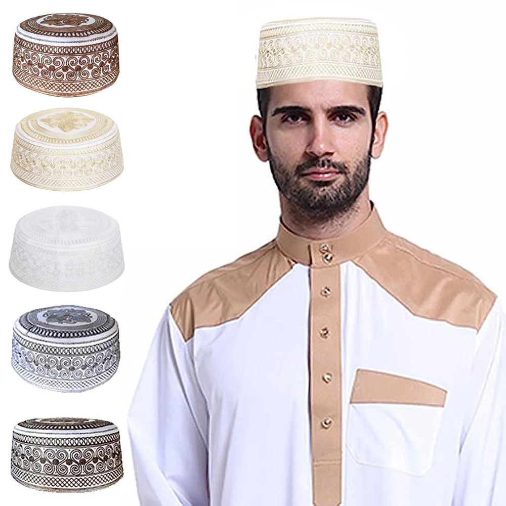 

Men Muslim Prayer White Hat Cap Saudi Arabic Dubai Islamic Ramadan Eid Headwear Traditional Turban Jewish Embroidery Hats